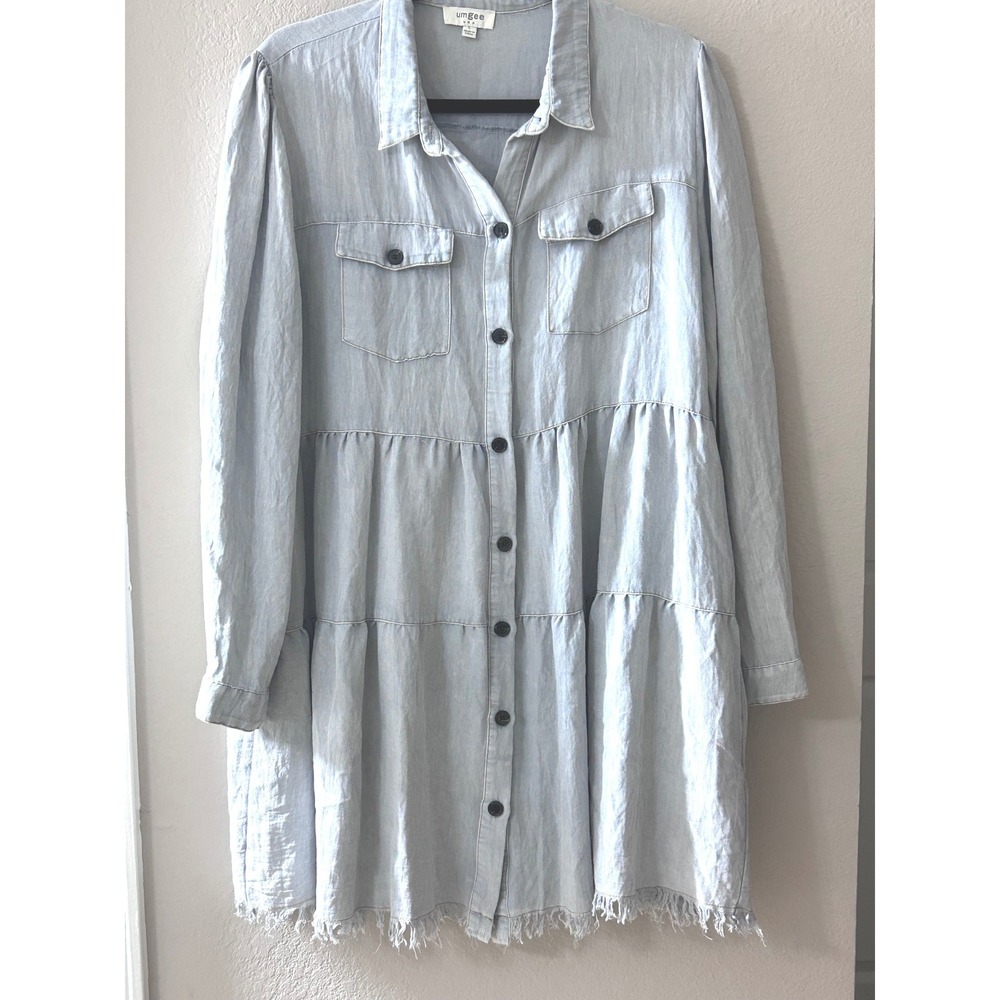 Umgee USA Womens Light Blue Tiered Button Down Shirt Dress Frayed Hem Large